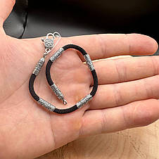 Чоловічий браслет із шовкового чорного шнурка із 4 срібними вставками 925 проби, фото 3