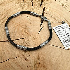 Чоловічий браслет із шовкового чорного шнурка із 4 срібними вставками 925 проби, фото 2