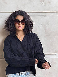 Стильний жіночий светр з коміром поло та в'язкою коса Ssch2284 Чорний