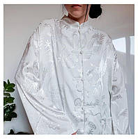 Белая оверсайз рубашка с драконами унисекс атласная рубашка китайский рубашка длинный рукав прямой крой M