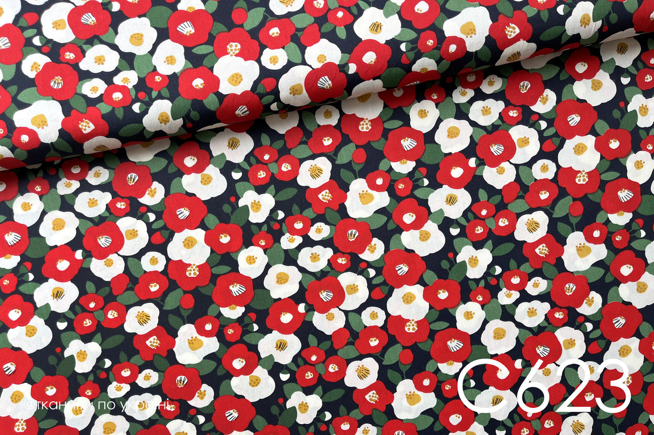 Тканина сатин Квіти червоні, білі