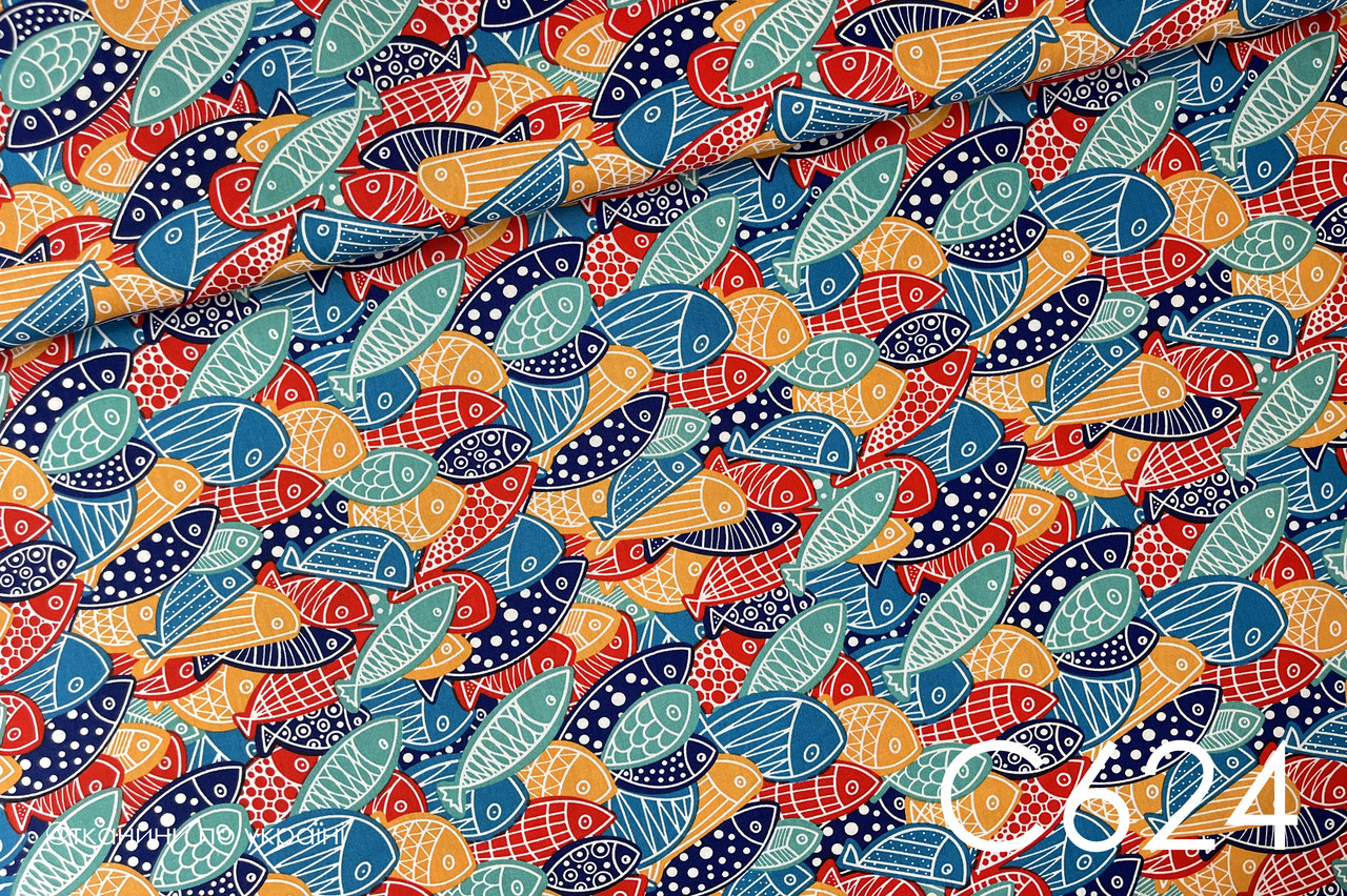 Тканина сатин Риби різнокольорові