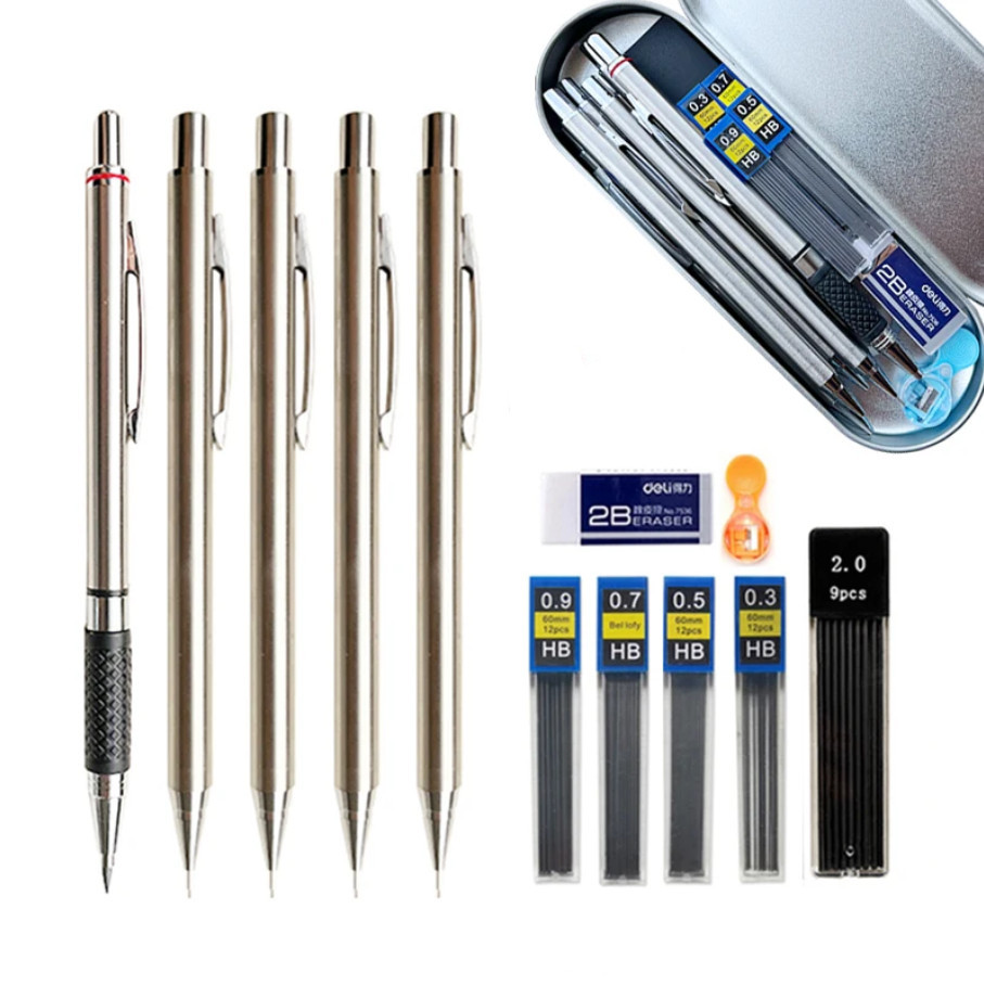 Набір олівців механічних 5 шт і стрижнями HB в метал. пеналі