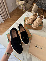 Жіночі лофери Loro Piana замшеві туфлі лоро піано чорного кольору