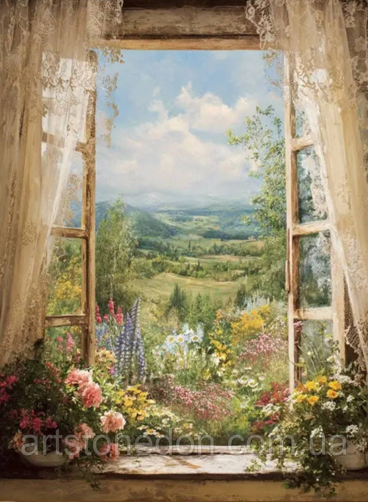 Картина «Вікно в сад» – пейзаж з квітами та горами, фото 1