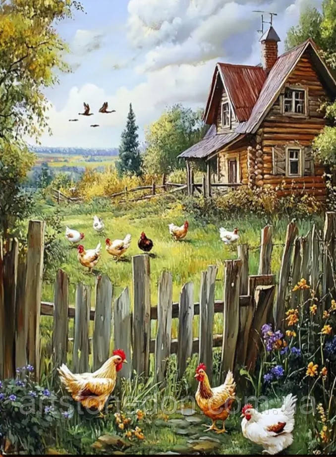 Картина на полотні «Сільський дворик з курочками», фото 1