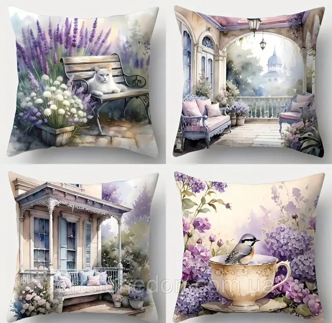 Набір 4 декоративні чохли на подушки з квітковими принтами – лаванда, котик, пташка, фото 1