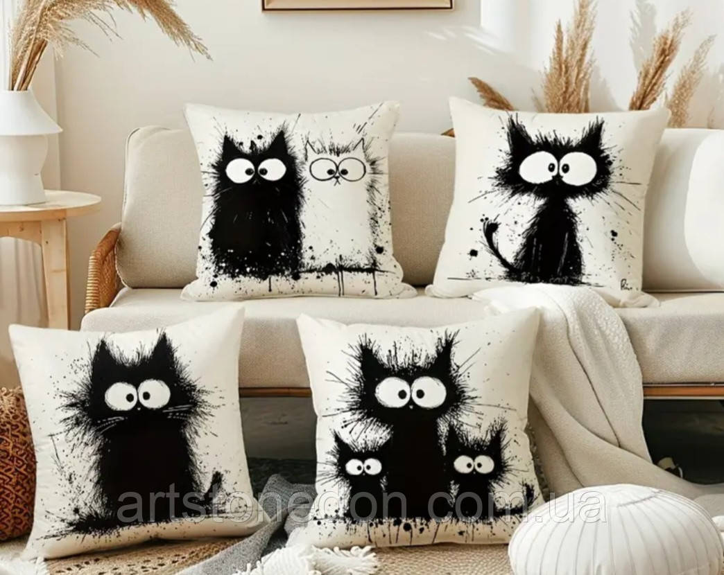 Набір 4 декоративні чохли на подушки з чорними котами – сучасний дизайн, 45×45 см, фото 1