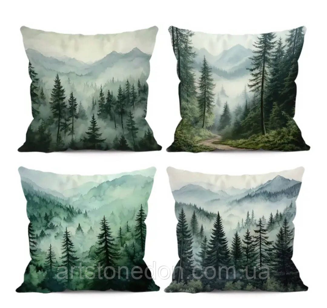 Набір 4 декоративні чохли на подушки з гірсько-лісовими пейзажами, 45×45 см, фото 1
