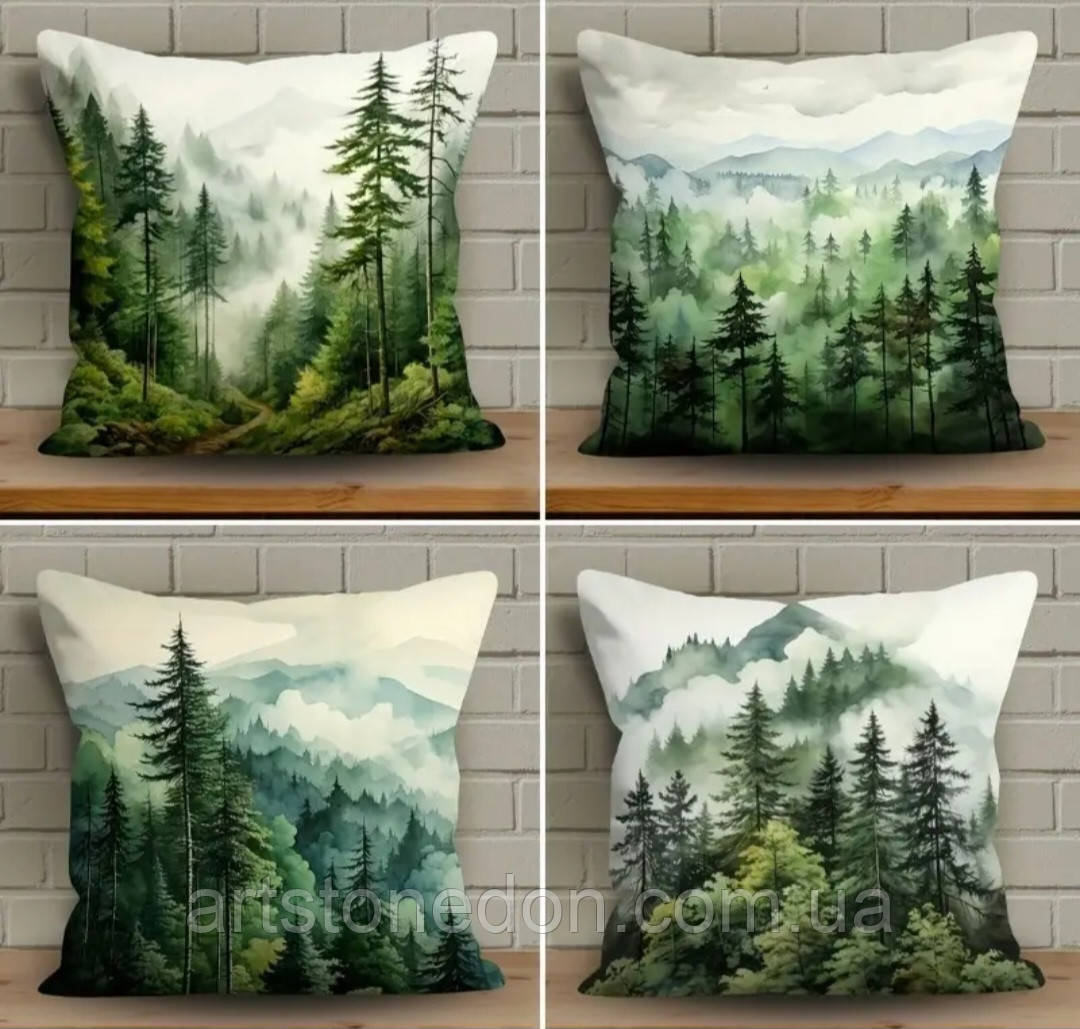 Набір 4 декоративні чохли на подушки з акварельними гірсько-лісовими пейзажами Карпати, 45×45 см, фото 1
