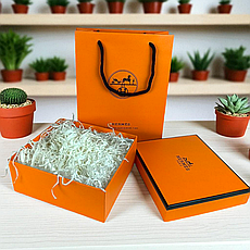 Комплект подарунковий пакет Hermes і коробка Hermes, розмір 145х145 мм, помаранчевий колір, стильний набір для подарунків, фото 4