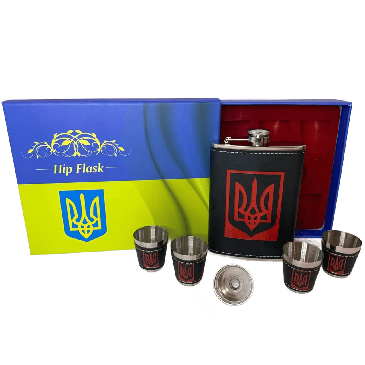 Подарунковий набір Тризуб 6в1 чорний (фляга, 4 чарки, лійка) Гранд Презент TZ-15