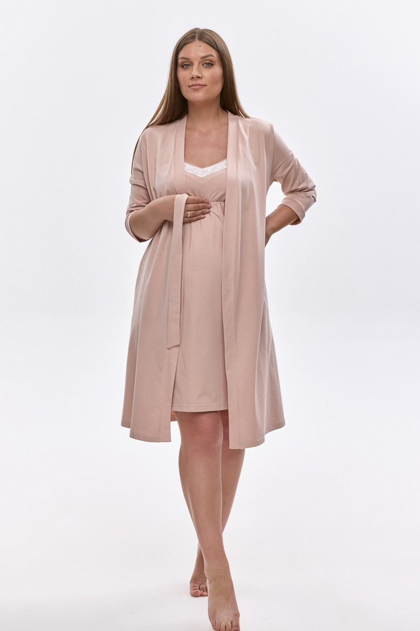 Комплект (халат і нічна сорочка) для вагітних та годуючих бежевий, S, фото 1