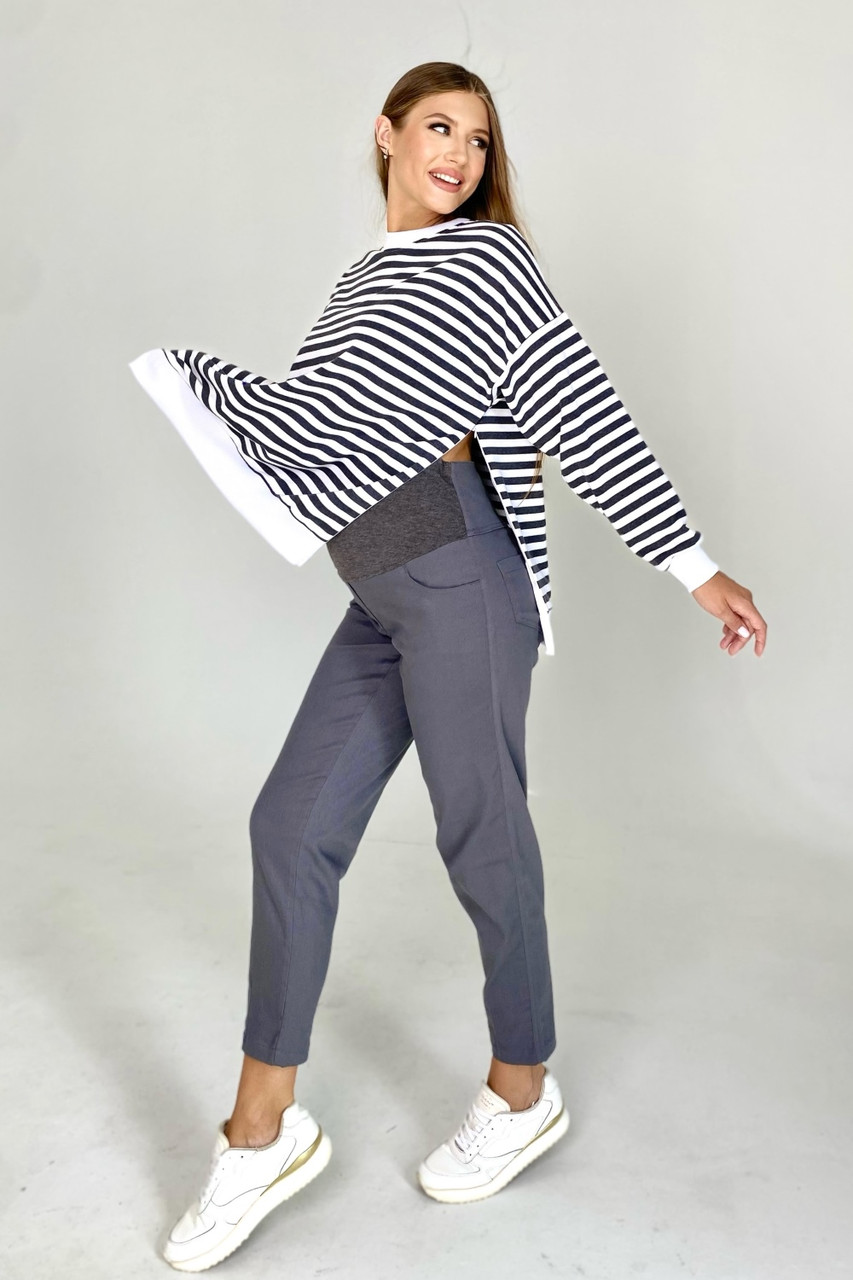 Стильні штани для вагітних графітові з високою трикотажною вставкою, XS, фото 1