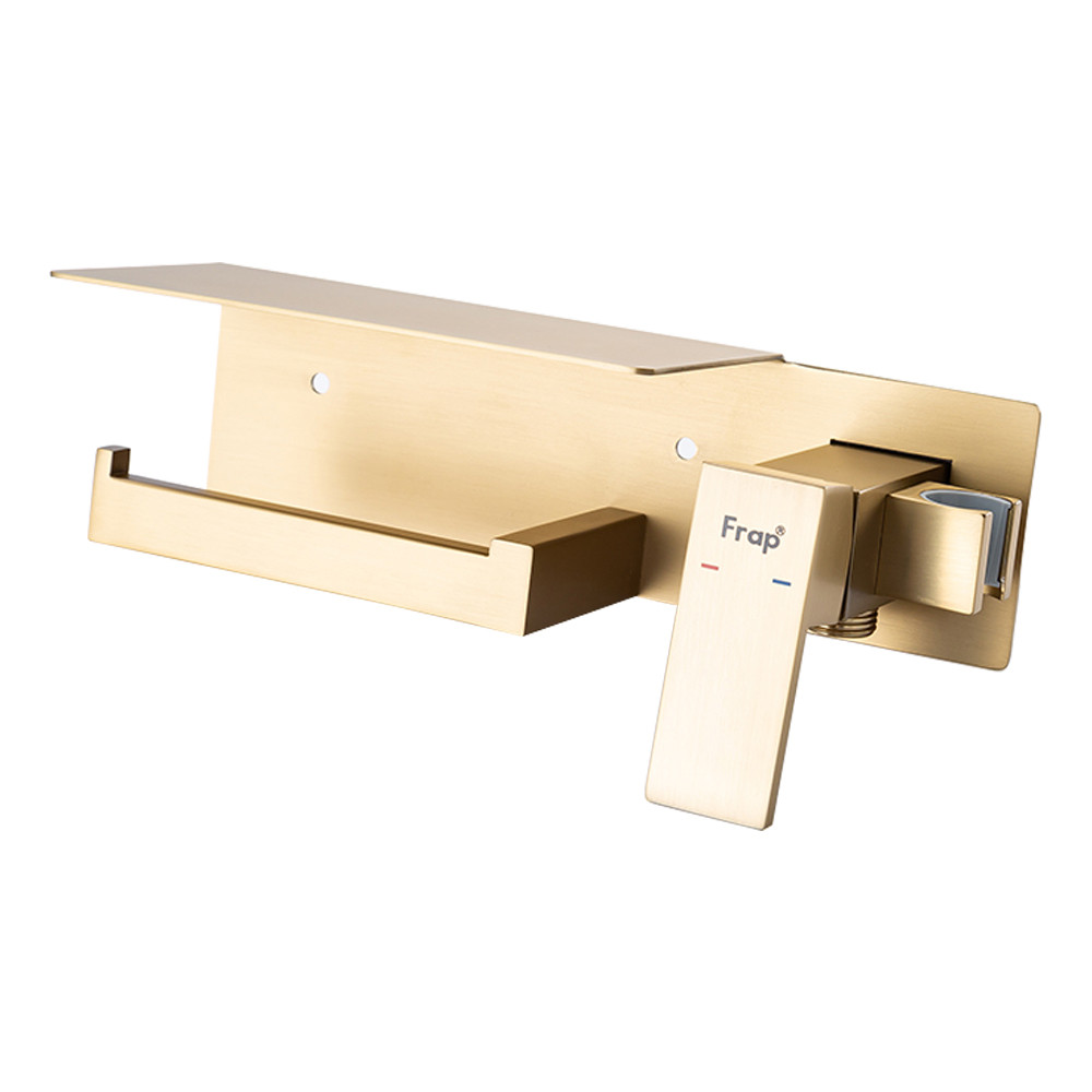 Гігієнічний душ квадратний Frap F2076-3 з полицею та тримачем туалетного паперу прихований монтаж матове золото, фото 1