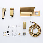 Гігієнічний душ квадратний Frap F2076-3 з полицею та тримачем туалетного паперу прихований монтаж матове золото, фото 3