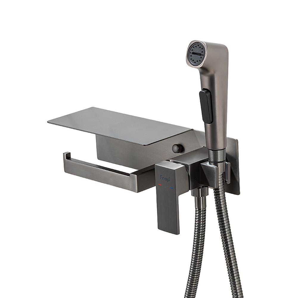 Гігієнічний душ квадратний Frap F2076-9 з полицею та тримачем туалетного паперу прихований монтаж матовий графіт, фото 1