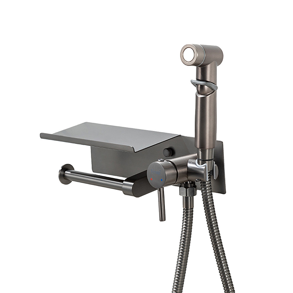 Гігієнічний душ Frap F2075-19 з полицею та тримачем для туалетного паперу прихований монтаж матовий графіт, фото 1