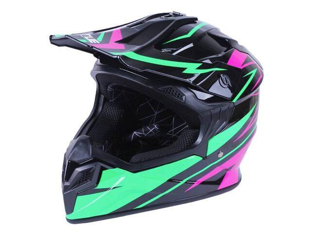 Шолом мотоциклетний кросовий MD-911 VIRTUE (чорний із зеленим і малиновим, size XS), фото 1
