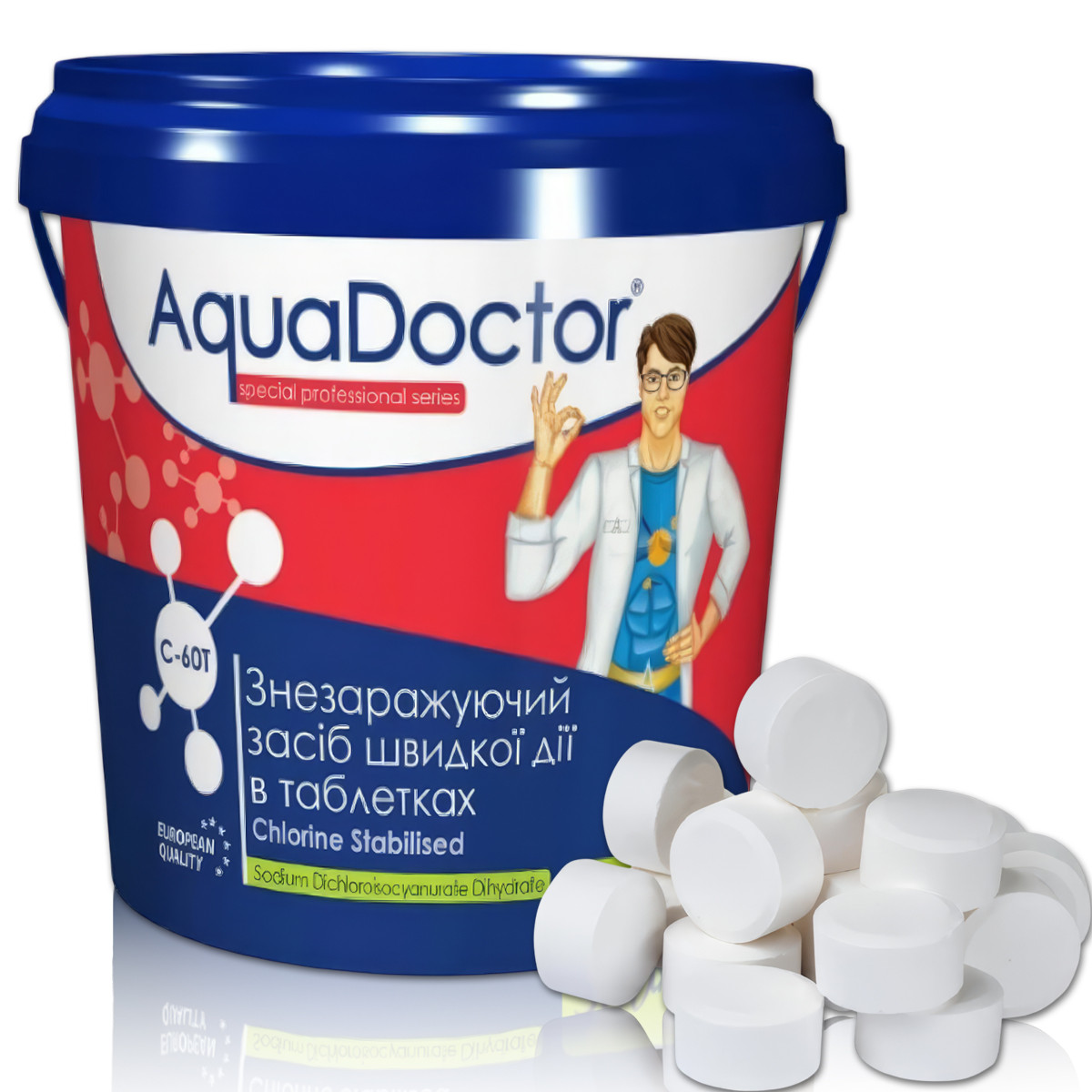 Хімія для басейну швидкий шоковий хлор для води басейн Aquadoctor C60T-4 300 гр таблетки 20 г, фото 1