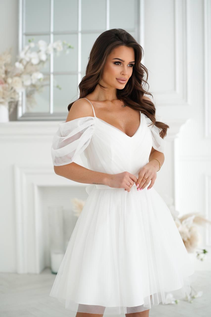 Вечірня молочно-біла коротка сукня максі з сіткою та зпущеними рукавами, фото 1