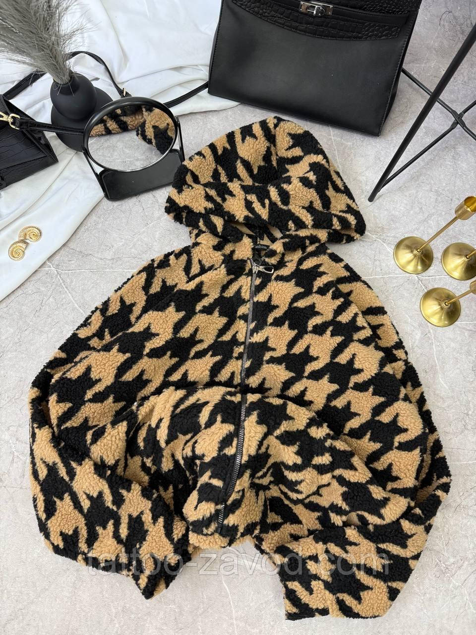 Тепла зипка жіноча з принтом на блискавці з капюшоном хутро Тедді на трикотажній основі 42-46 48-52, фото 1