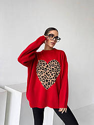Жіночий подовжений в'язаний светр оверсайз принт серце Sph2285