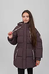 Стильний теплий підлітковий пуховик шоколадного кольору для дівчинки