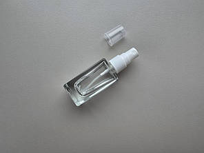 30 - 32 мл Квадрат скляний прозорий флакон з пластиковим білим спреєм, пляшка, атомайзер, фото 1