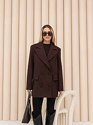 Жіночий шоколадний двобортний актуальний об'ємний піджак-пальто в чоловічому стилі