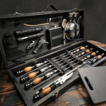 Подарунковий набір шампурів для пікніка в дерев'яному кейсі «Атлант Люкс»