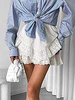 Молодежная женская воздушная двойная юбка мини с кружевом (молочная)