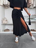 Женская длинная юбка миди шелковая с разрезом на ноге с завязками черная бежевая коричневая