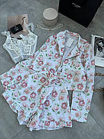 Женская белая муслиновая пижама рубашка с длинным рукавом шорты с цветочным принтом и фламинго