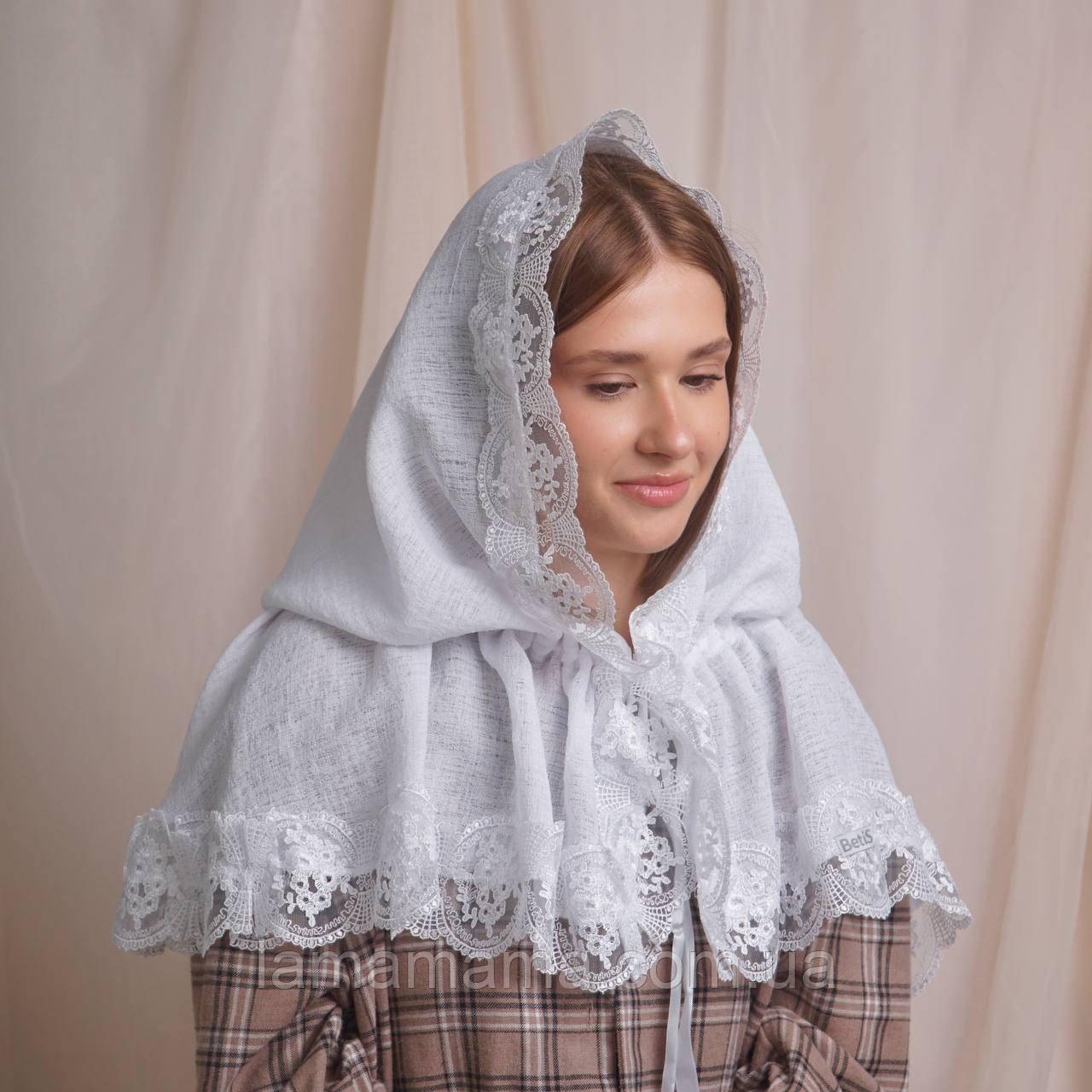 Палантин хустка церковна жіноча "Королівський" Льон жаккард Білий, фото 1