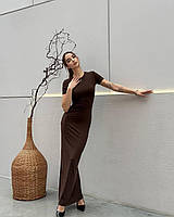 Однотонное длинное приталенное женское платье СКИМС в пол с коротким рукавом (черное, шоколад, графит)