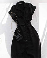 Летнее длинное женское платье рубашка с поясом на пуговицах черный бежевый зеленый синий