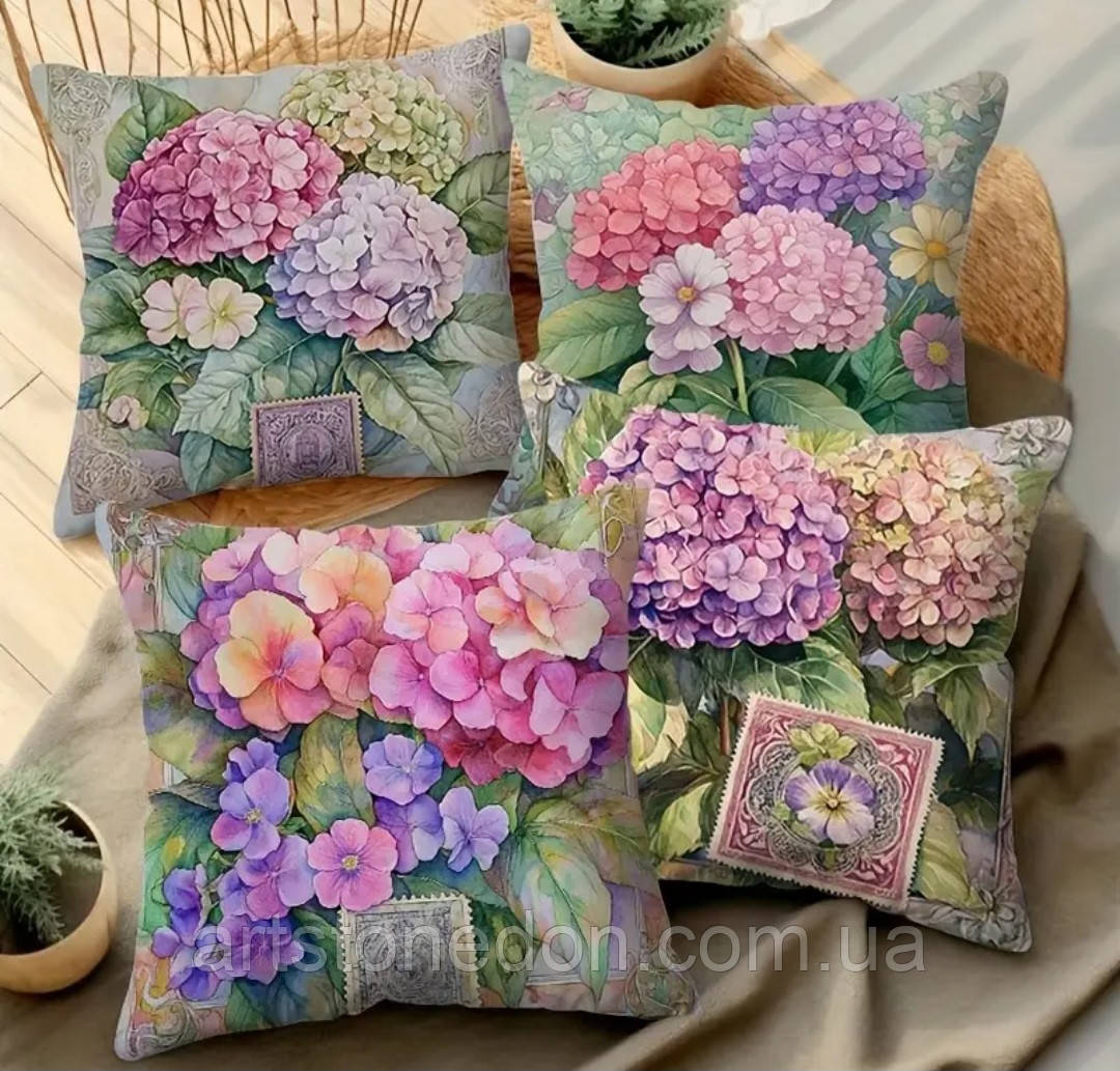 Набір декоративних чохлів на подушки з гортензіями – 4 шт, 45×45 см, фото 1