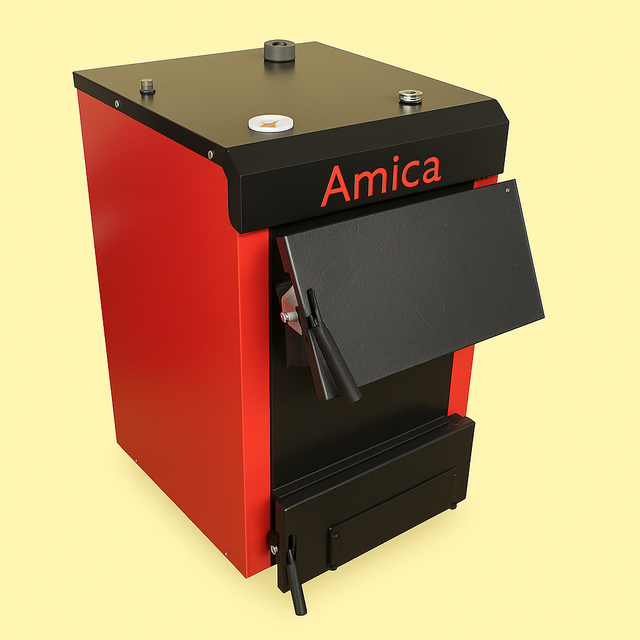 Твердопаливний котел Amica Есо – надійний і економний котел для приватних будинків. Працює на дровах і вугіллі, забезпечує тривале горіння та стабільне тепло. Завдяки компактному дизайну і простоті обслуговування, це сучасне рішення для ефективного опалення. Котел Amica Есо – твердопаливний котел у червоно-чорному корпусі на світло-жовтому фоні