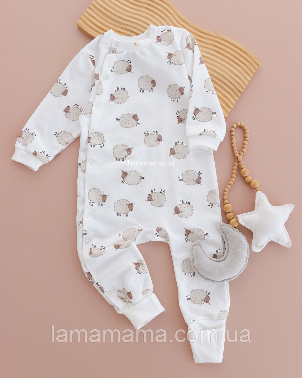 Дитяча тепла піжама чоловічок, стопа-трансформер Пухнасті історії Футер з начісом, молочний з малюнком, фото 1