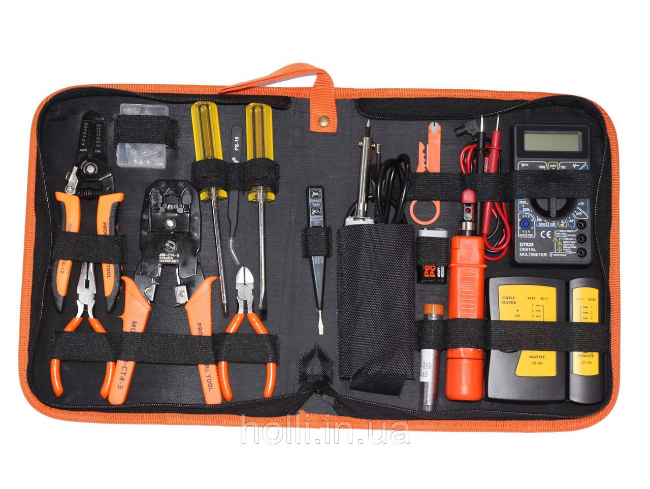 Набір монтажника POSO 16 в 1 (P15B), обтискний інструмент, Stripper, кусачки, індикатор, паяльник, пінцет, конектори, крона, сумка, фото 1