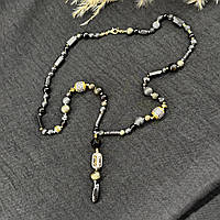 Намисто чоловіче з підвіскою з натурального каміння Пірит, Лава, Турмалін, Обсидіан, Нефрит Бянь Ши d-10х8-6мм+- L-65см