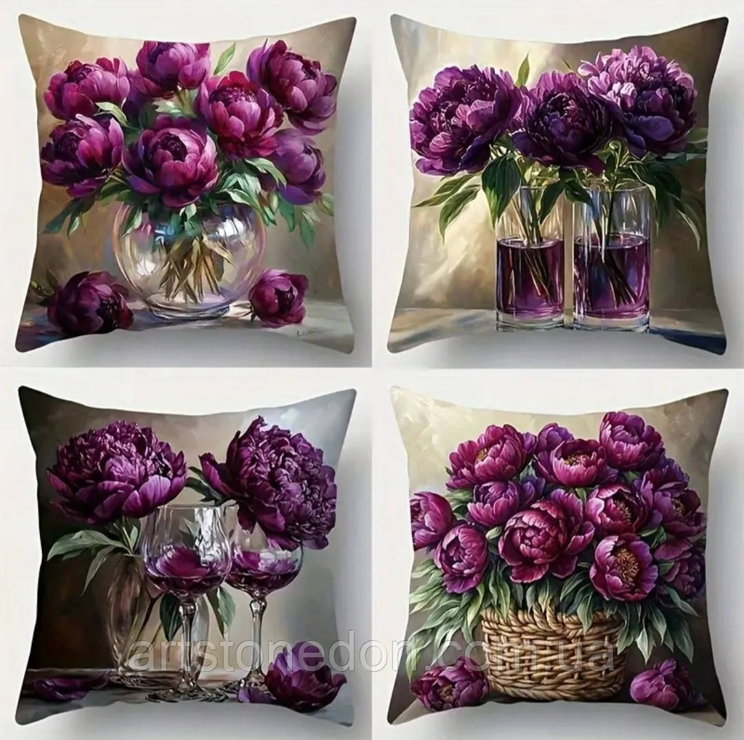 Набір декоративних чохлів на подушки з принтом півоній Бордо – 4 шт, фото 1