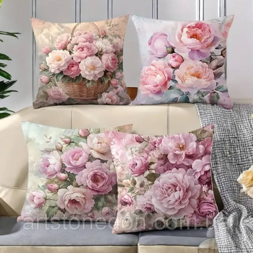 Набір декоративних чохлів на подушки з квітковим принтом (4 шт) – півонії, стиль Прованс, фото 1