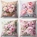 Набір декоративних чохлів на подушки з квітковим принтом (4 шт) – півонії, стиль Прованс, фото 2