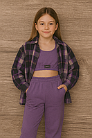 Дитячий спортивний костюм для дівчинки (топ, штани та сорочка в клітинку) стильний комплект, 8-12 років
