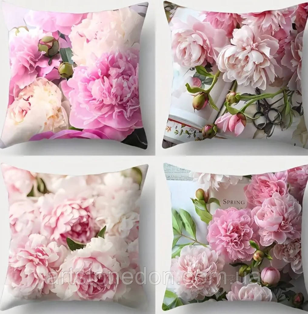 Набір декоративних чохлів на подушки з півоніями (4 шт) – квітковий принт, інтер’єрний текстиль, фото 1