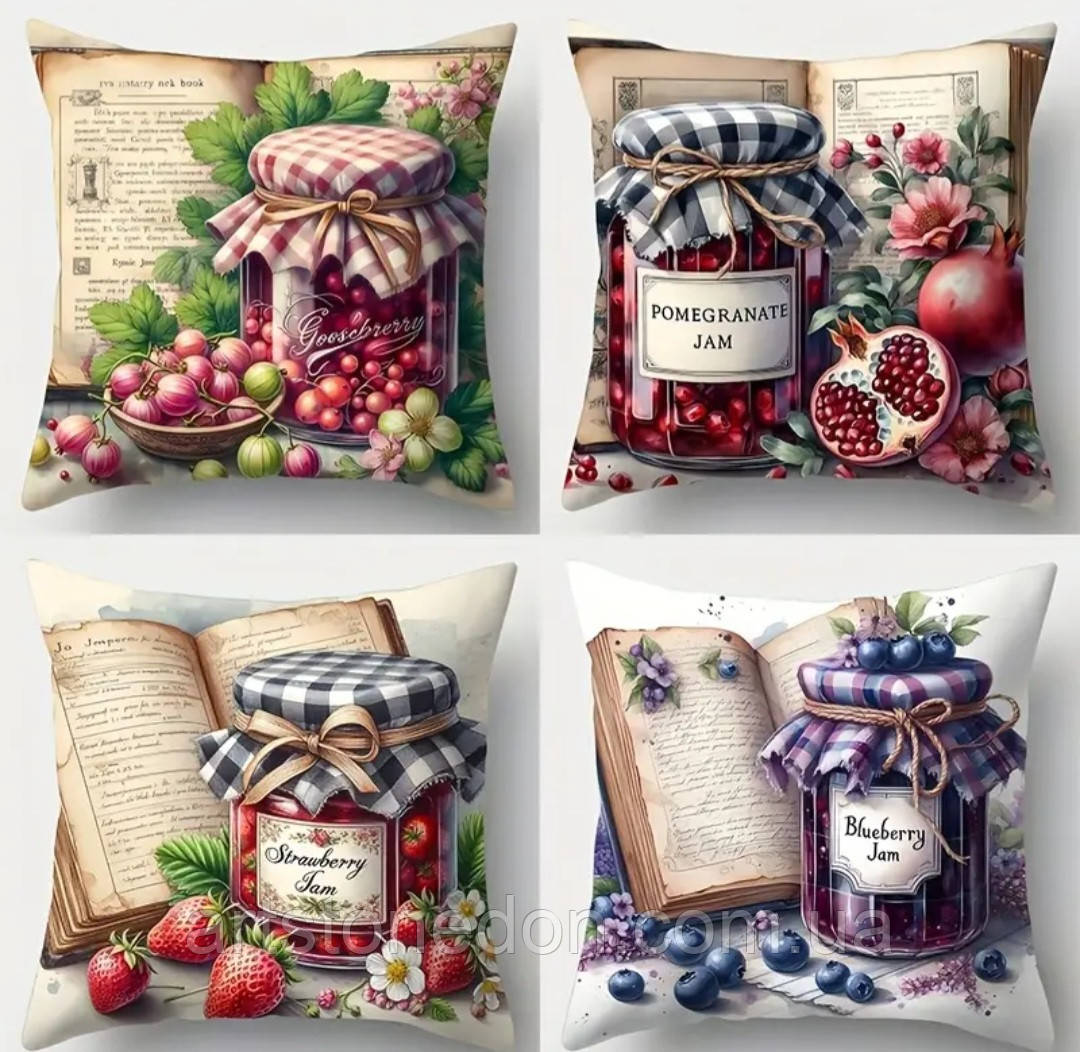 Набір декоративних чохлів на подушки з принтом «Баночки варення» – 4 шт, фото 1