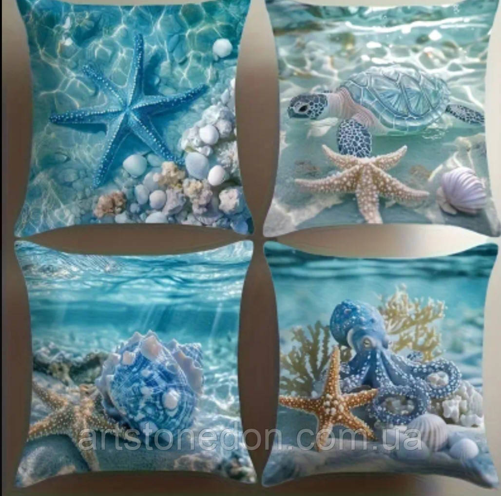 Набір декоративних чохлів на подушки з морським принтом – 4 шт, 45×45 см, фото 1