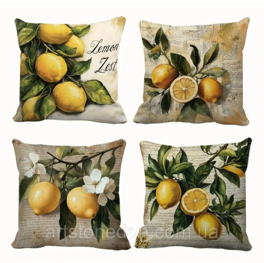 Набір декоративних чохлів на подушки з лимонним принтом – 4 шт, фото 1